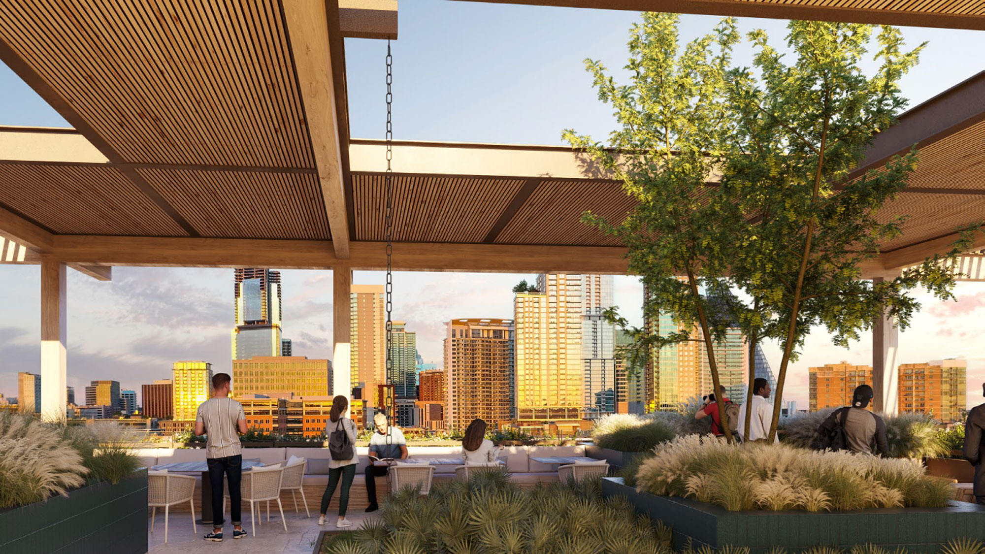 Tenants utilizing an designer covered rooftop lounge with a view