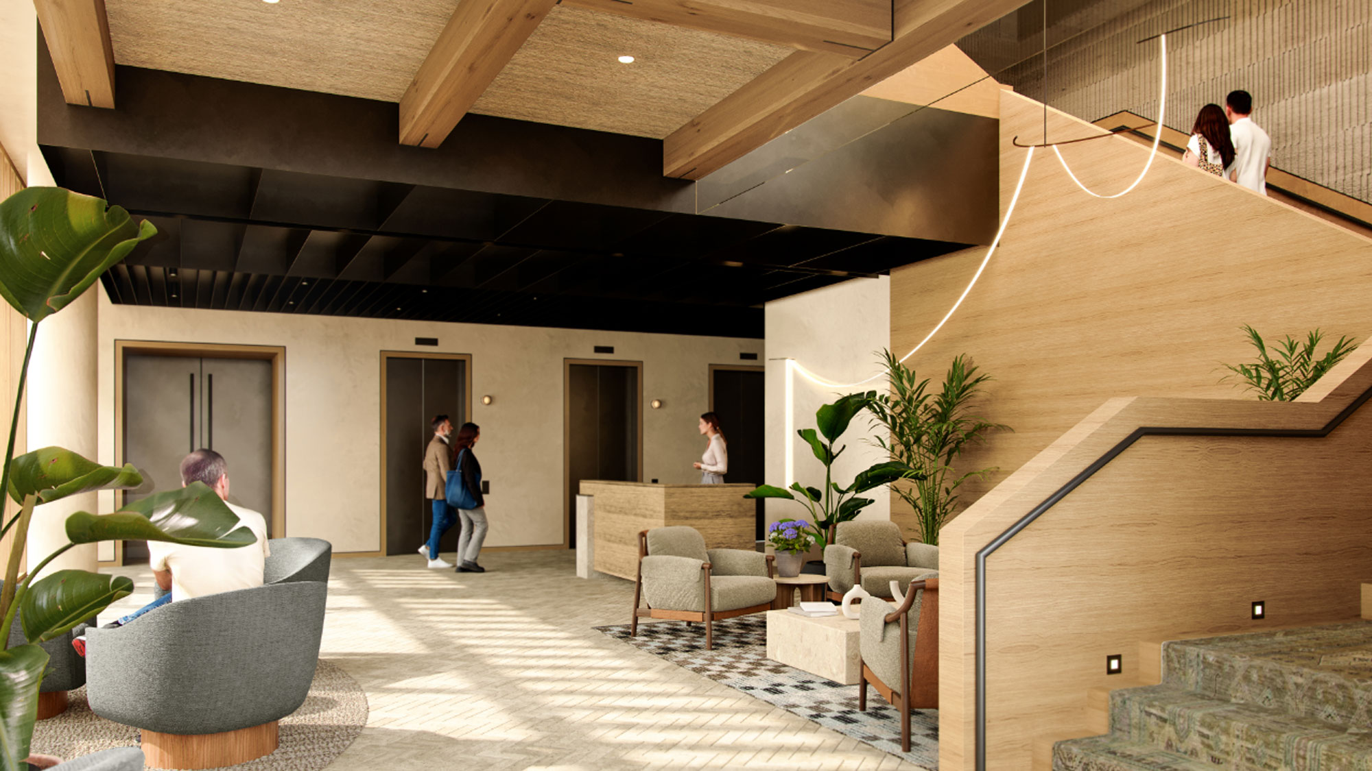 A warm, comforting elevator lobby full of natural wood and light
