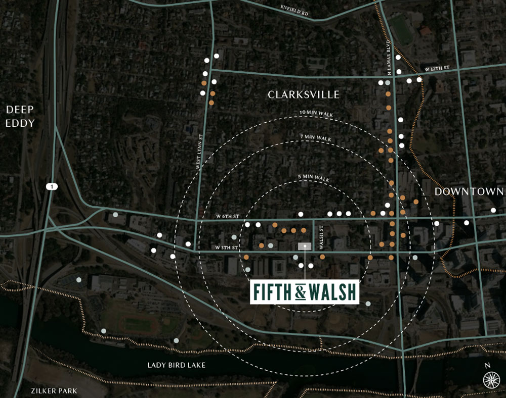 A green map of Fifth & Walsh's perfect location in Clarksville